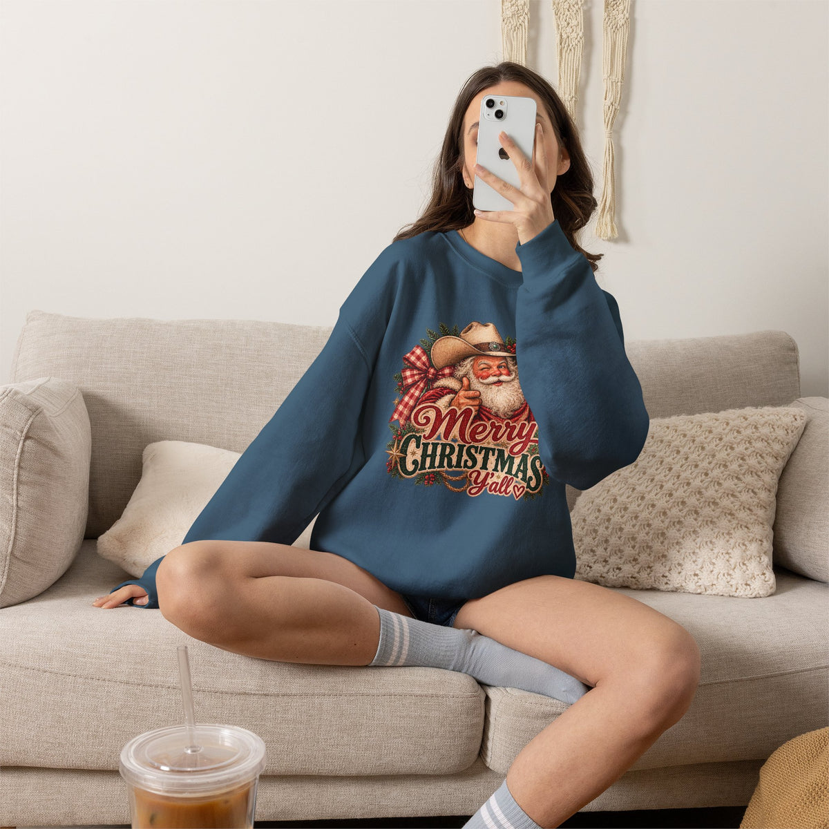 Vintage Western Santa Christmas Sweatshirt | Merry Christmas Y'all Cowboy Crewneck