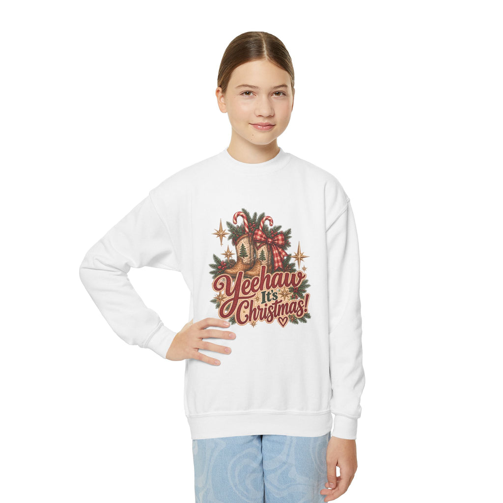 Yeehaw It's Christmas Youth Sweatshirt | Vintage Western Christmas Cowboy Boots Crewneck
