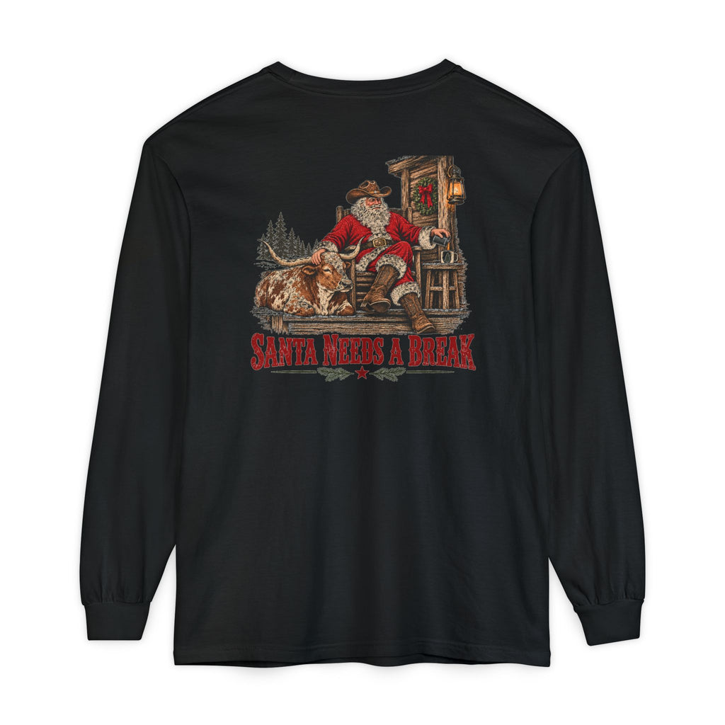 Santa Needs a Break | Western Santa & Longhorn Christmas Long Sleeve Tee for Dad