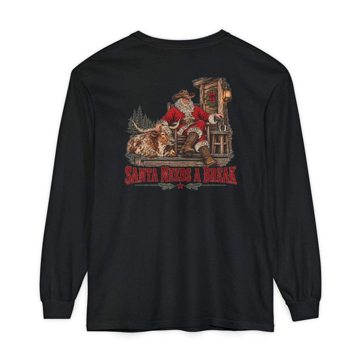 Santa Needs a Break | Western Santa & Longhorn Christmas Long Sleeve Tee for Dad