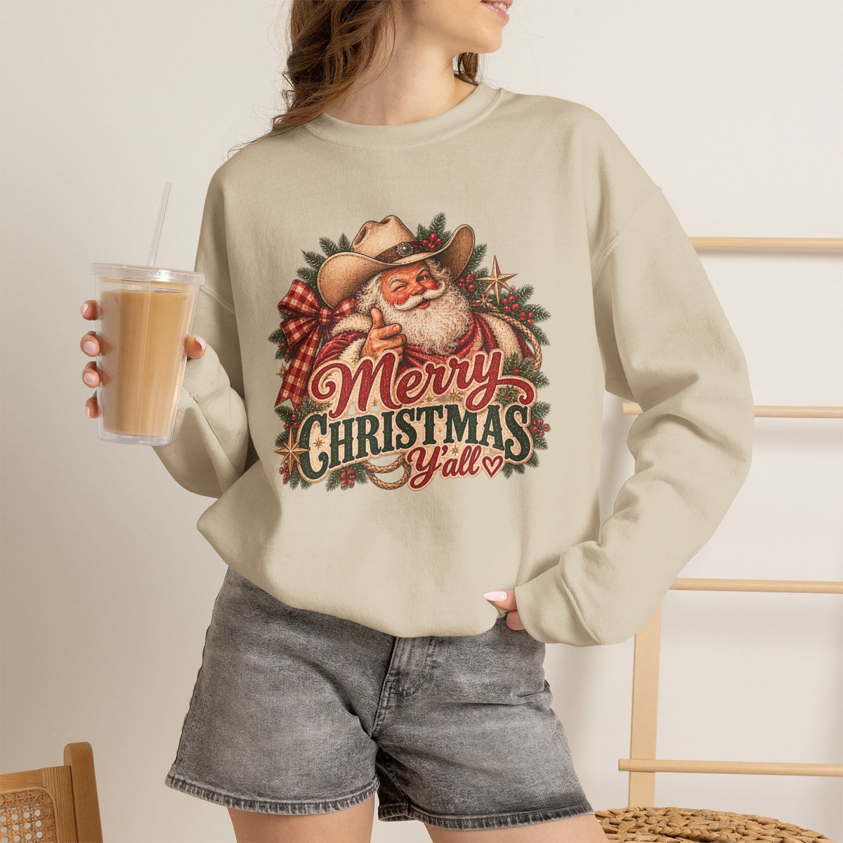 Vintage Western Santa Christmas Sweatshirt | Merry Christmas Y'all Cowboy Crewneck
