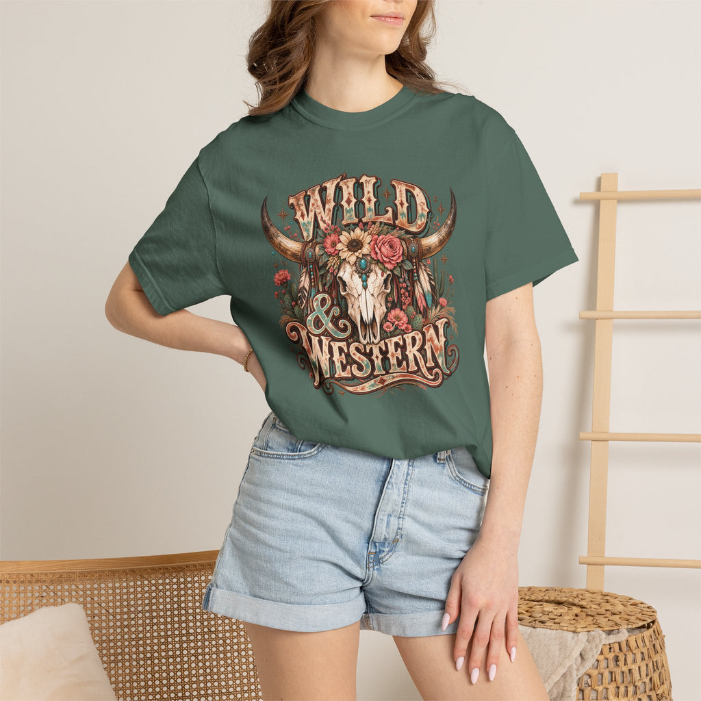 Wild & Western T-Shirt — Rustic Cow Skull Floral Graphic Tee