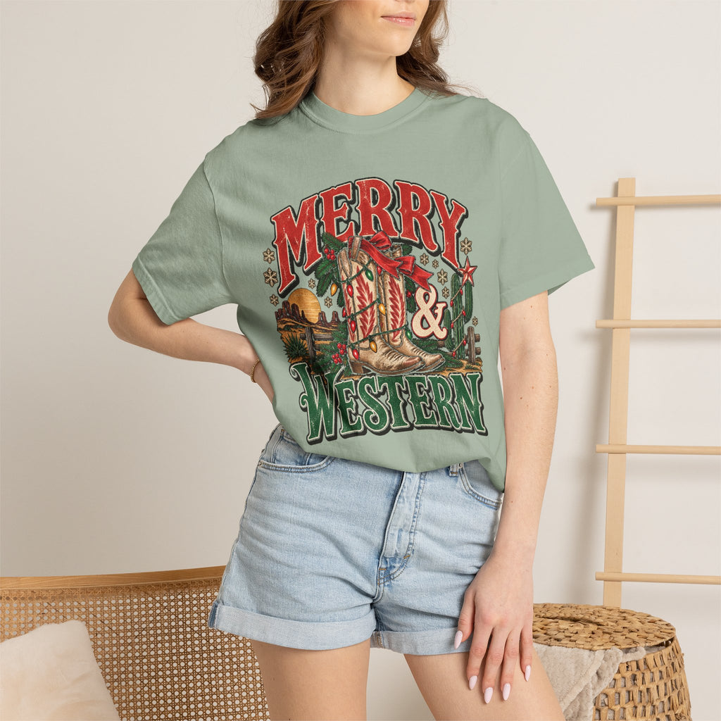 Merry & Western Christmas T-Shirt — Vintage Western Holiday Comfort Colors Tee