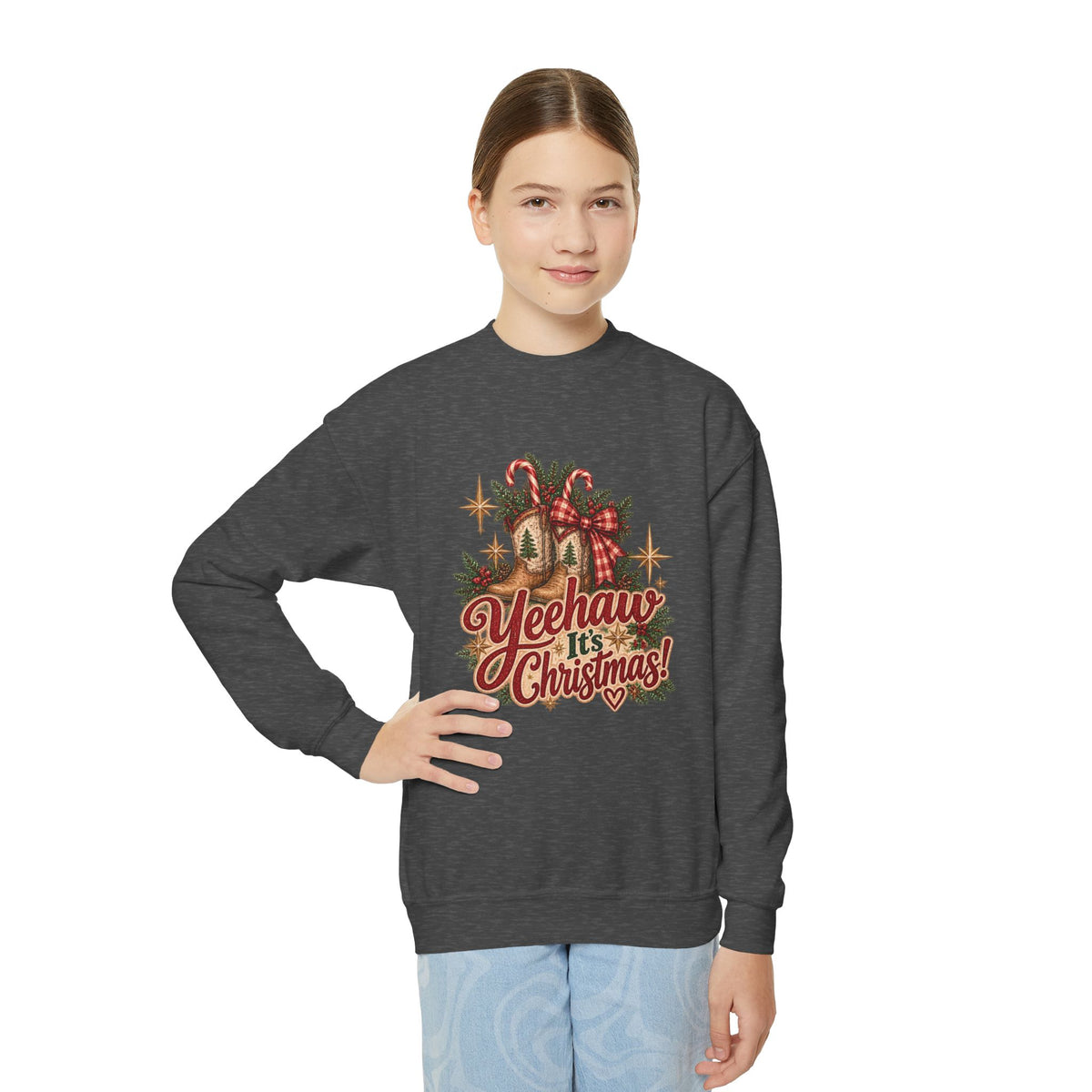 Yeehaw It's Christmas Youth Sweatshirt | Vintage Western Christmas Cowboy Boots Crewneck