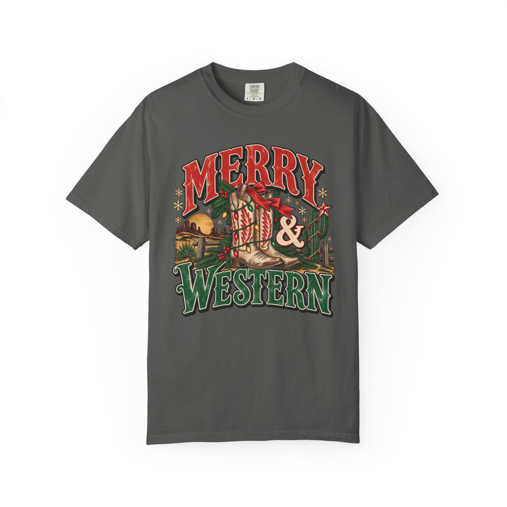 Merry & Western Christmas T-Shirt — Vintage Western Holiday Comfort Colors Tee
