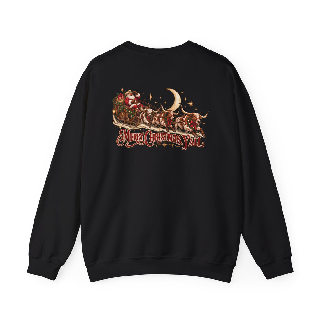 Western Christmas Sweatshirt | Santa Sleigh & Longhorns Crewneck