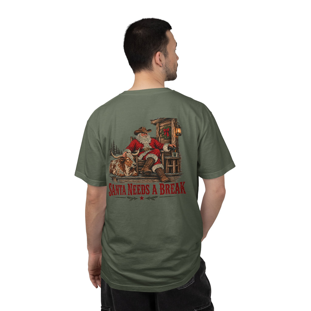 Santa Needs a Break | Western Santa & Longhorn Christmas Tee for Dad