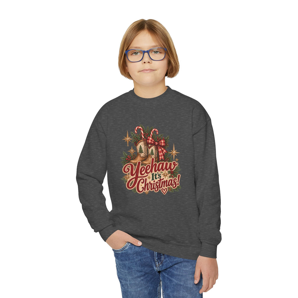Yeehaw It's Christmas Youth Sweatshirt | Vintage Western Christmas Cowboy Boots Crewneck