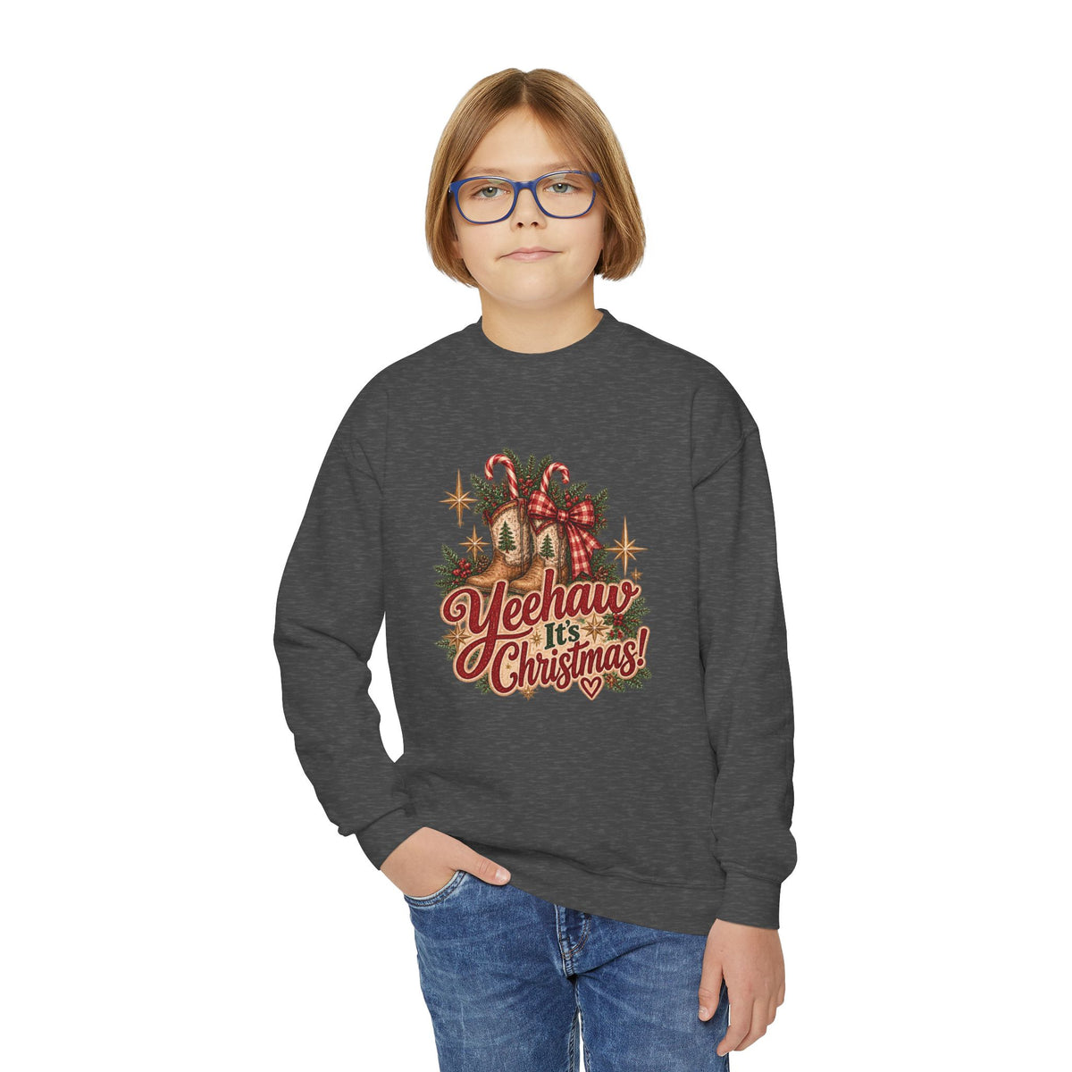 Yeehaw It's Christmas Youth Sweatshirt | Vintage Western Christmas Cowboy Boots Crewneck