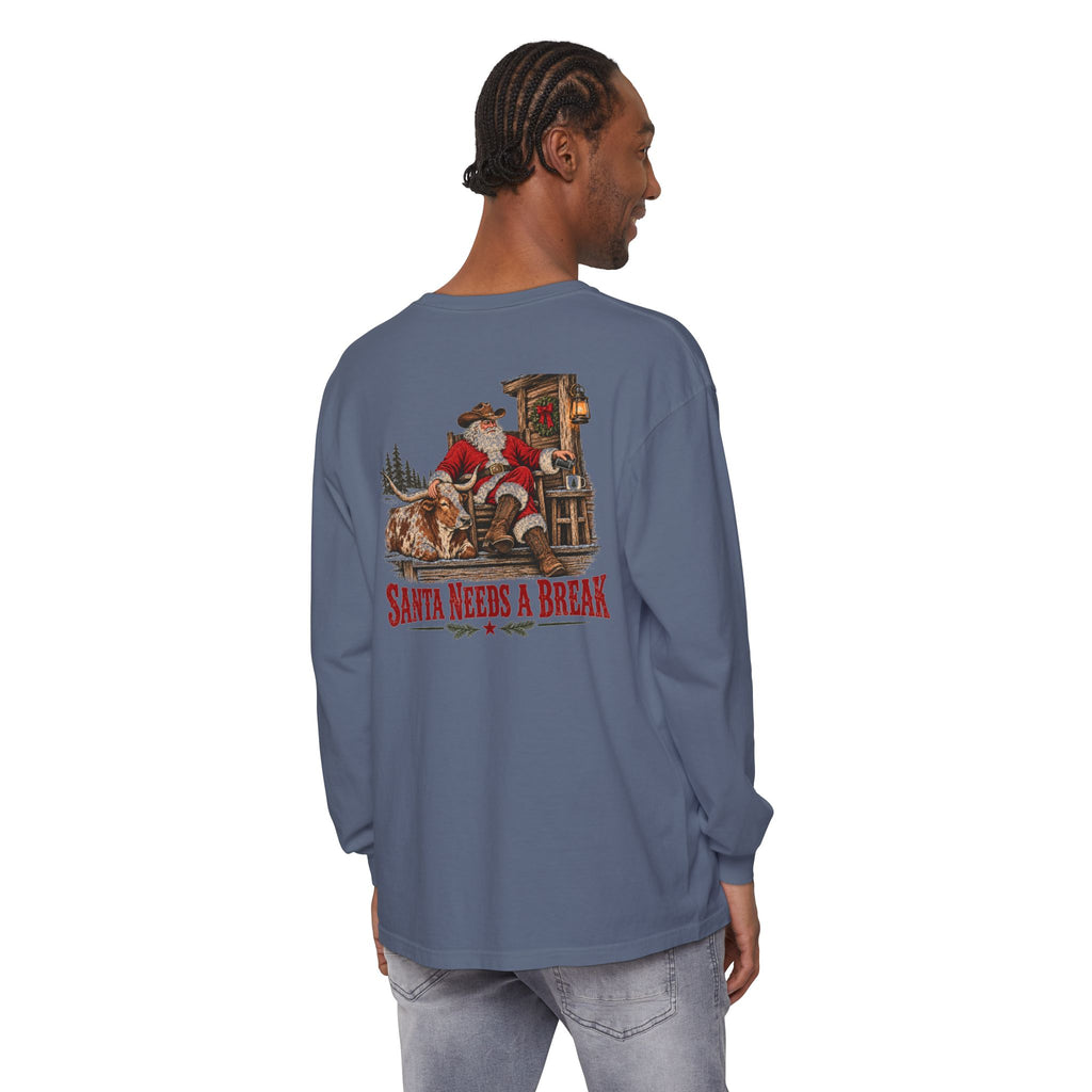 Santa Needs a Break | Western Santa & Longhorn Christmas Long Sleeve Tee for Dad