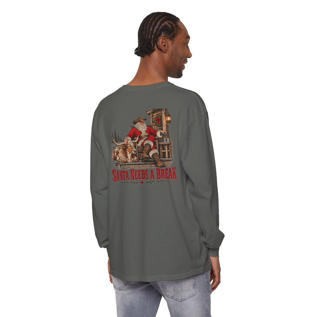 Santa Needs a Break | Western Santa & Longhorn Christmas Long Sleeve Tee for Dad