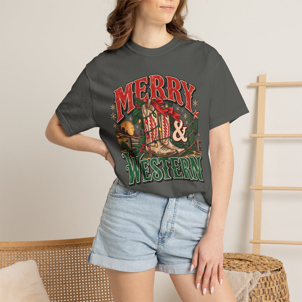 Merry & Western Christmas T-Shirt — Vintage Western Holiday Comfort Colors Tee