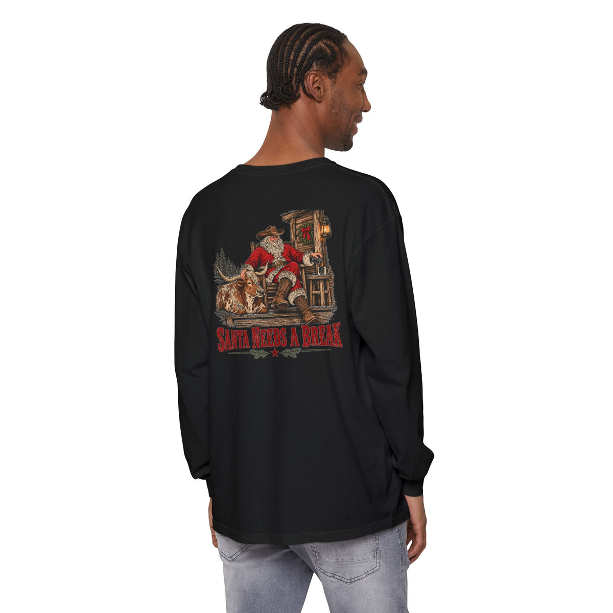 Santa Needs a Break | Western Santa & Longhorn Christmas Long Sleeve Tee for Dad