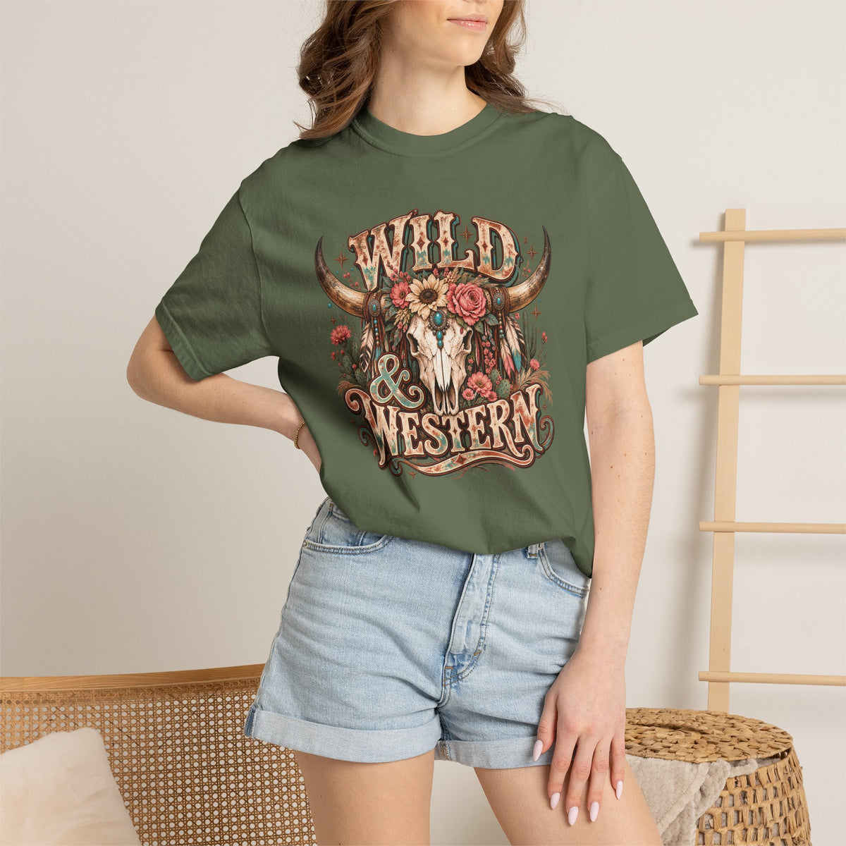 Wild & Western T-Shirt — Rustic Cow Skull Floral Graphic Tee