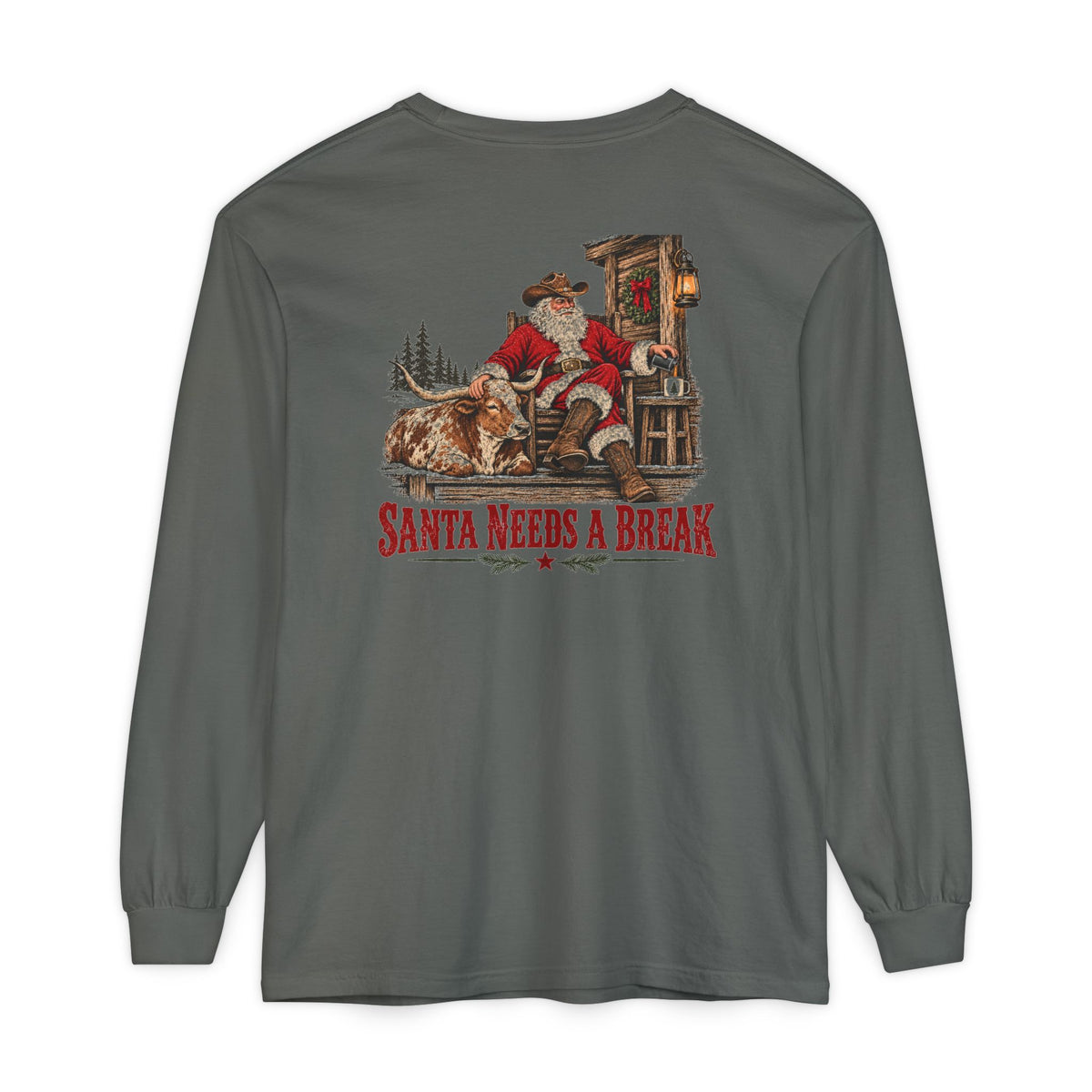 Santa Needs a Break | Western Santa & Longhorn Christmas Long Sleeve Tee for Dad