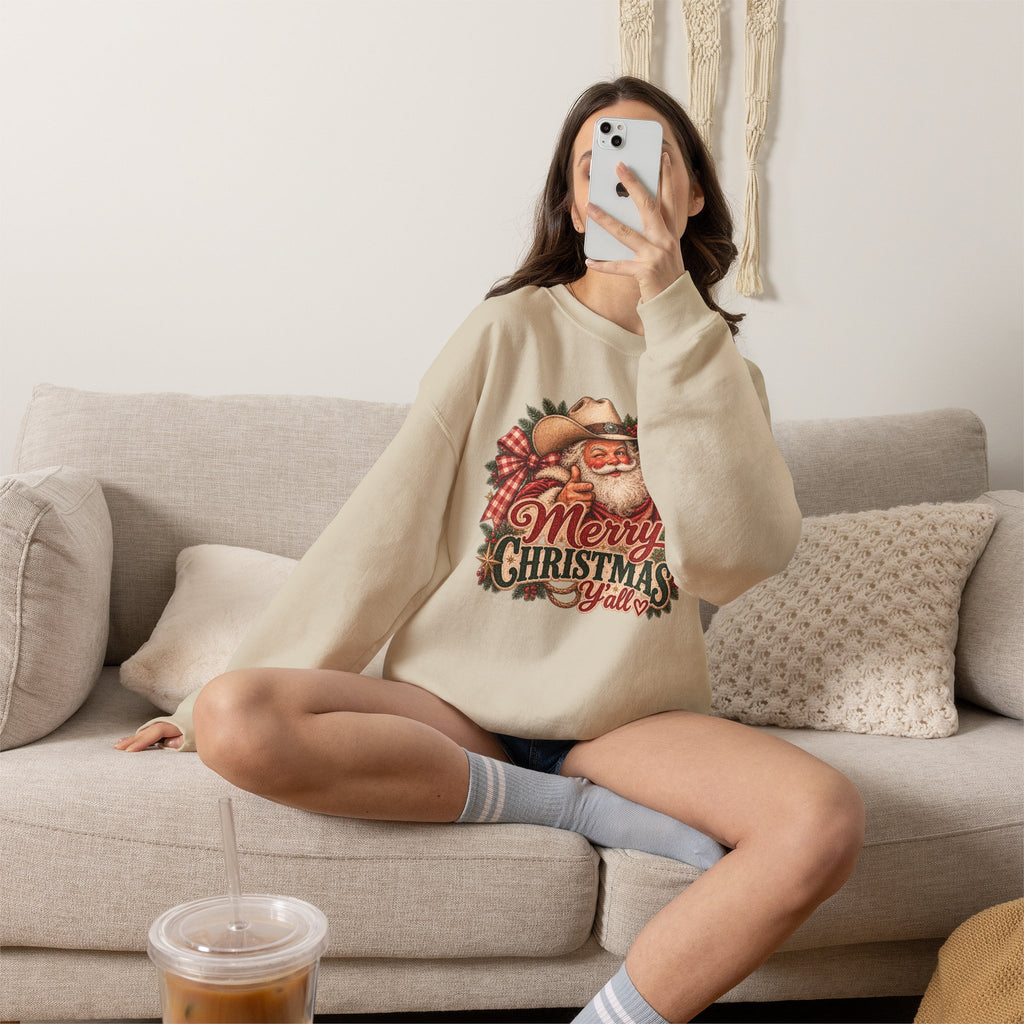 Vintage Western Santa Christmas Sweatshirt | Merry Christmas Y'all Cowboy Crewneck