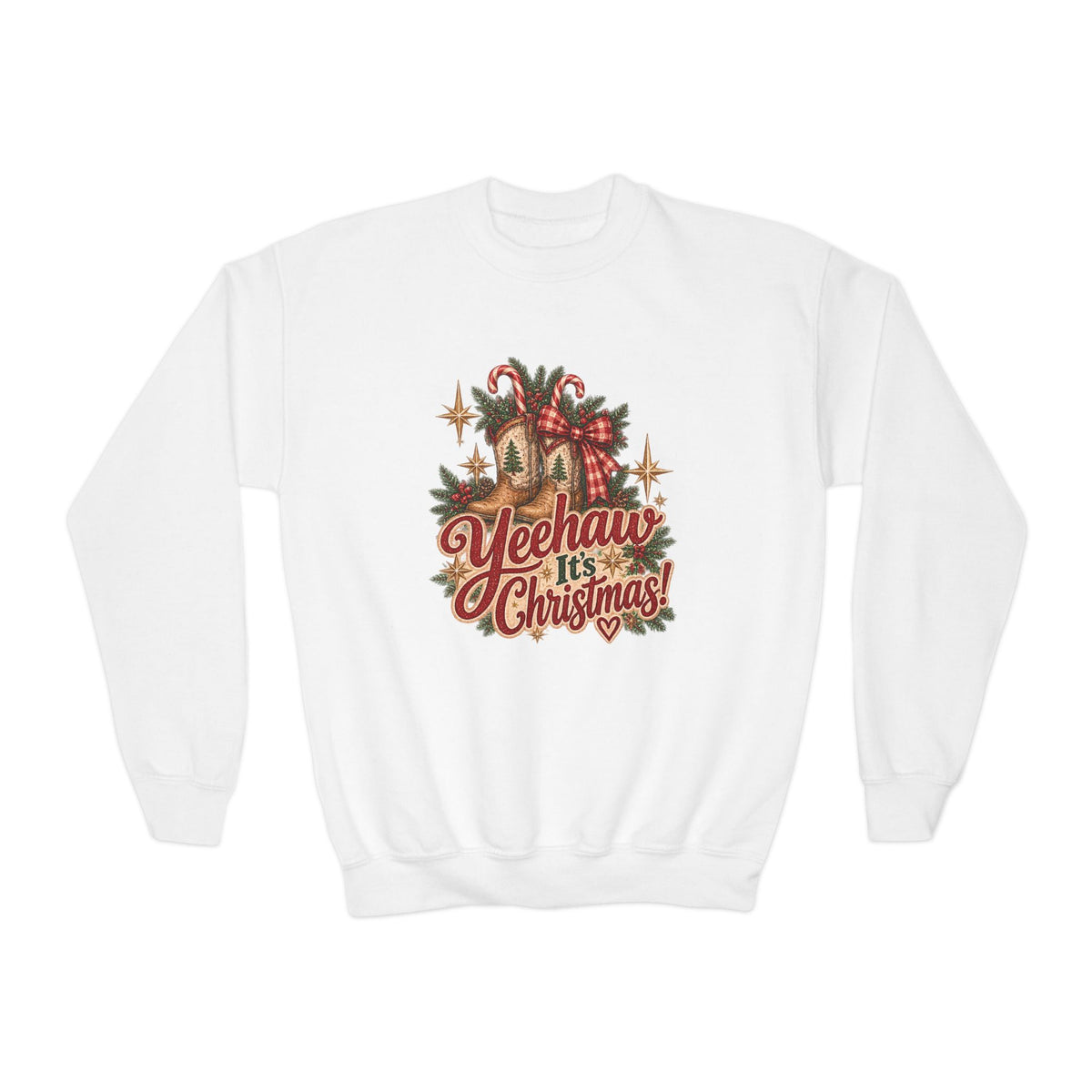 Yeehaw It's Christmas Youth Sweatshirt | Vintage Western Christmas Cowboy Boots Crewneck