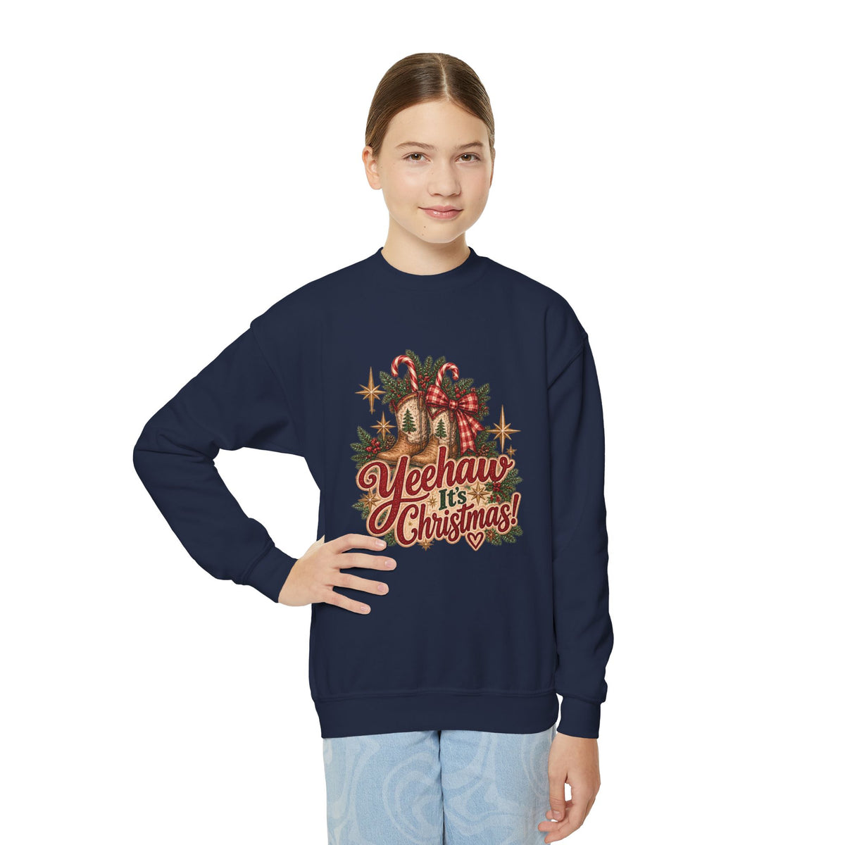 Yeehaw It's Christmas Youth Sweatshirt | Vintage Western Christmas Cowboy Boots Crewneck