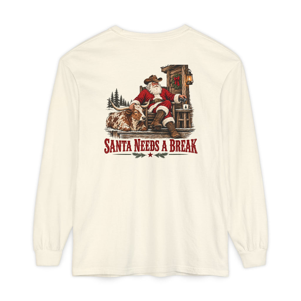 Santa Needs a Break | Western Santa & Longhorn Christmas Long Sleeve Tee for Dad