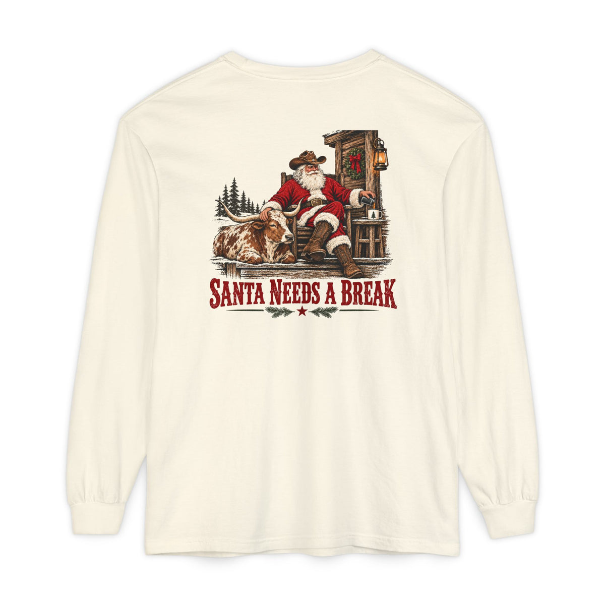 Santa Needs a Break | Western Santa & Longhorn Christmas Long Sleeve Tee for Dad