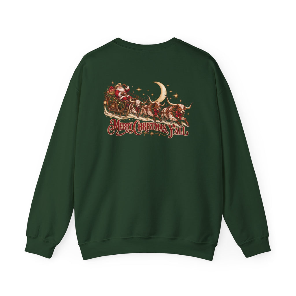 Western Christmas Sweatshirt | Santa Sleigh & Longhorns Crewneck