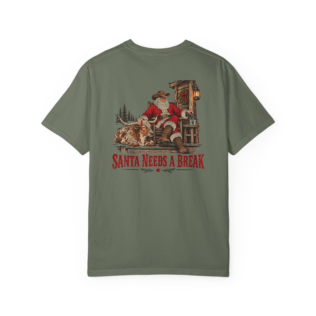 Santa Needs a Break | Western Santa & Longhorn Christmas Tee for Dad