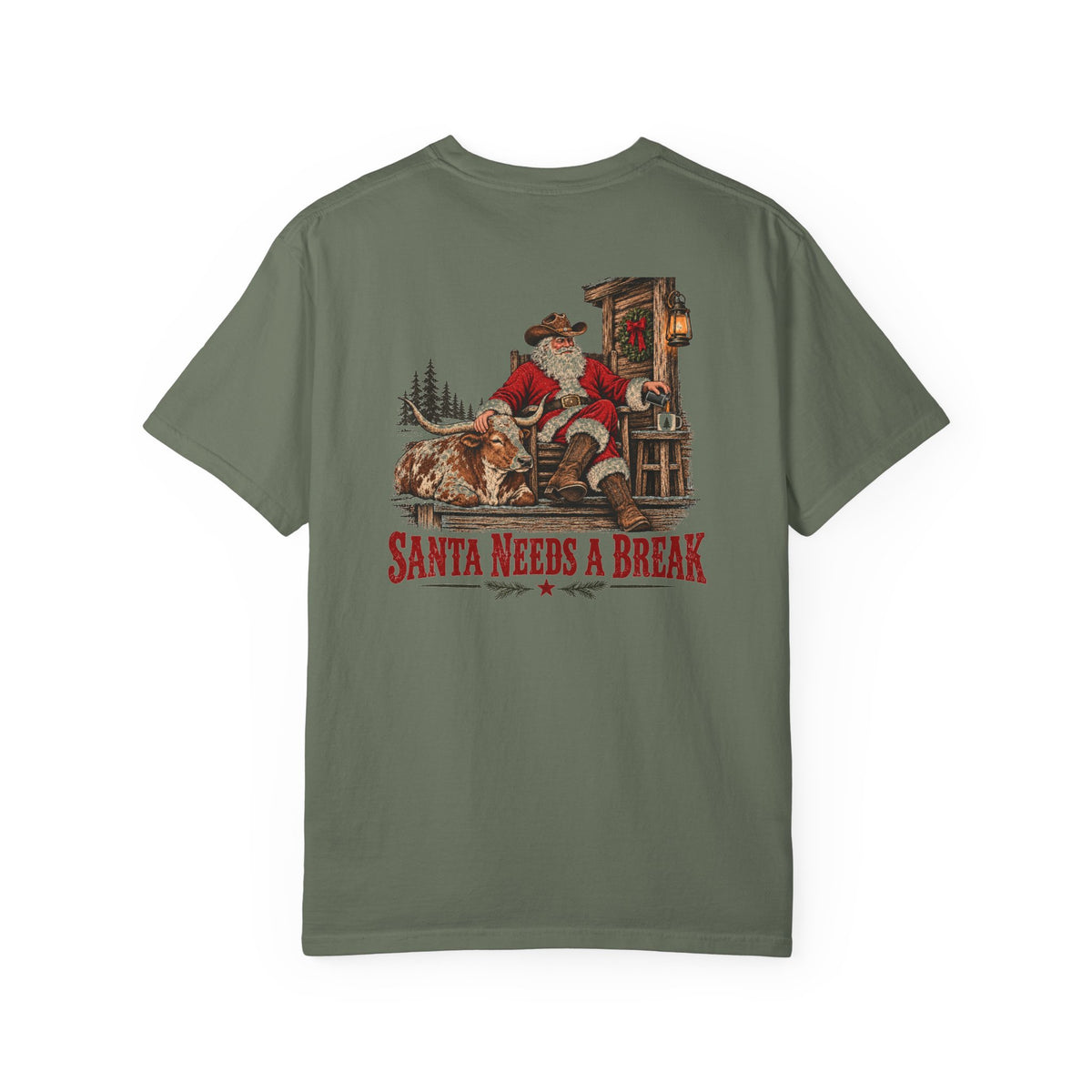 Santa Needs a Break | Western Santa & Longhorn Christmas Tee for Dad