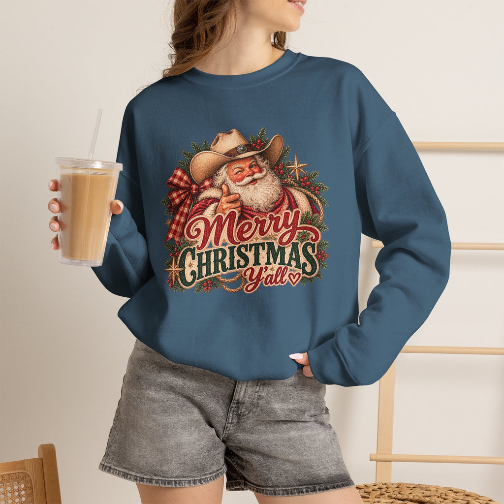Vintage Western Santa Christmas Sweatshirt | Merry Christmas Y'all Cowboy Crewneck
