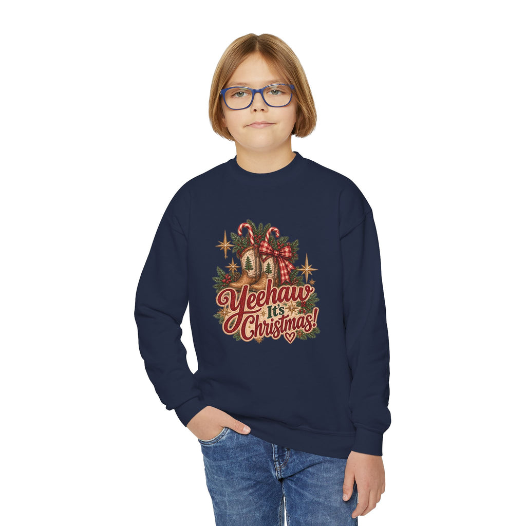 Yeehaw It's Christmas Youth Sweatshirt | Vintage Western Christmas Cowboy Boots Crewneck