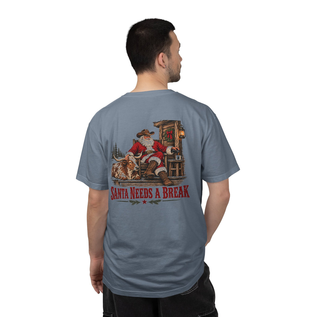 Santa Needs a Break | Western Santa & Longhorn Christmas Tee for Dad