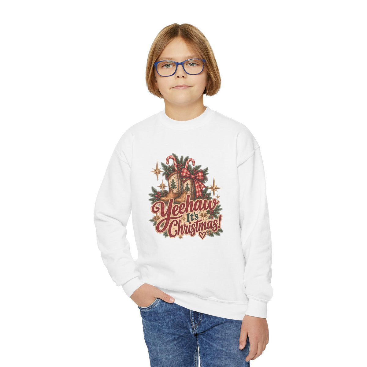 Yeehaw It's Christmas Youth Sweatshirt | Vintage Western Christmas Cowboy Boots Crewneck