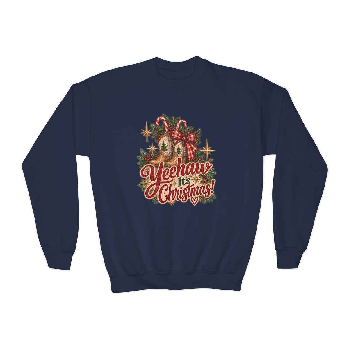 Yeehaw It's Christmas Youth Sweatshirt | Vintage Western Christmas Cowboy Boots Crewneck
