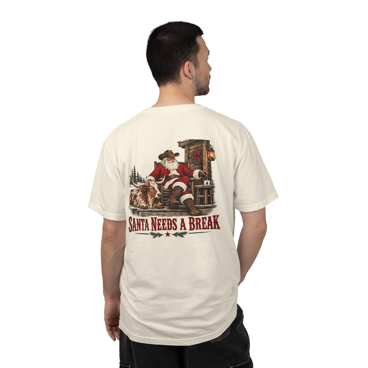 Santa Needs a Break | Western Santa & Longhorn Christmas Tee for Dad