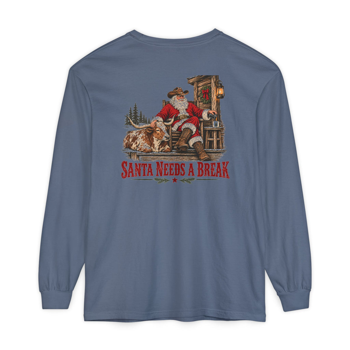 Santa Needs a Break | Western Santa & Longhorn Christmas Long Sleeve Tee for Dad