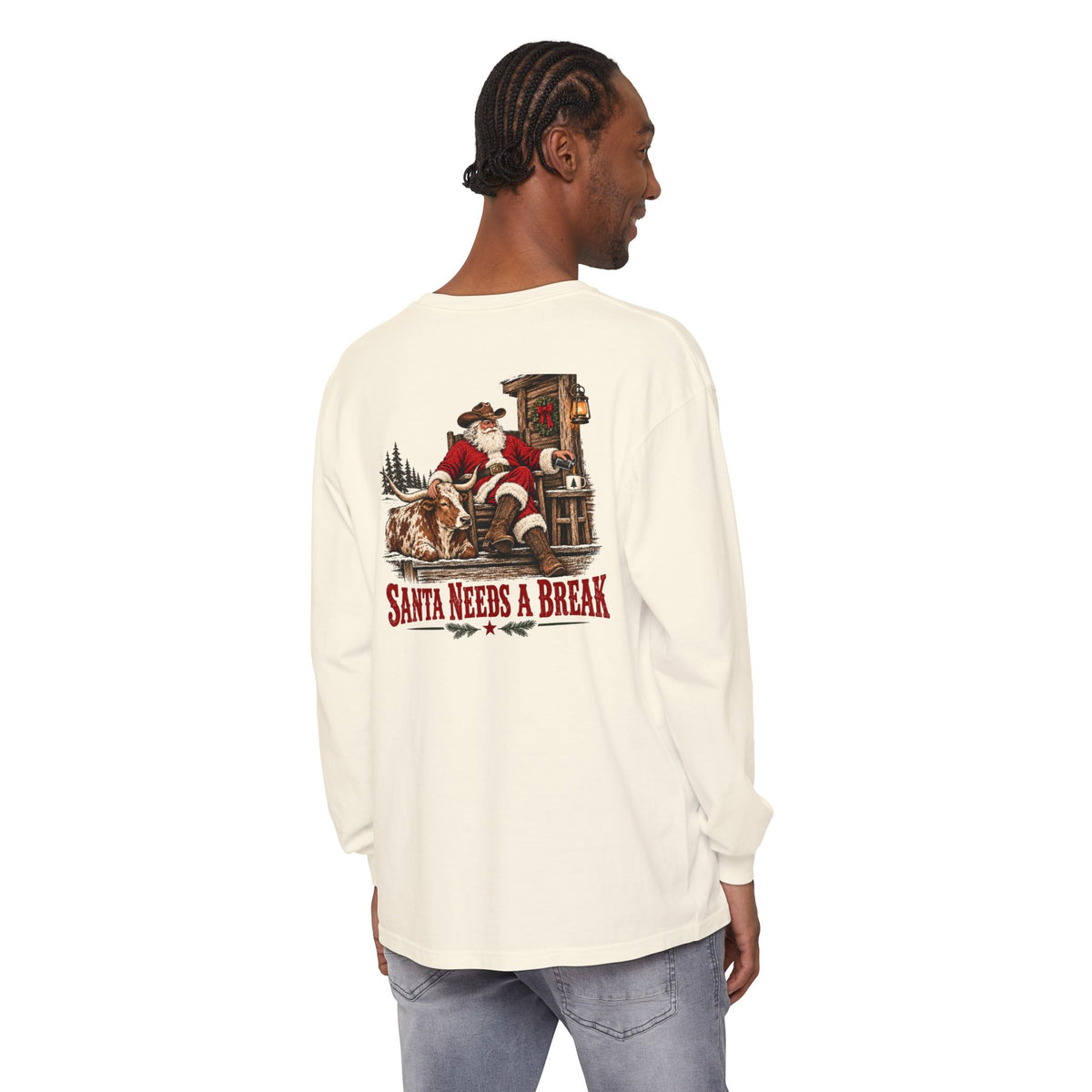 Santa Needs a Break | Western Santa & Longhorn Christmas Long Sleeve Tee for Dad
