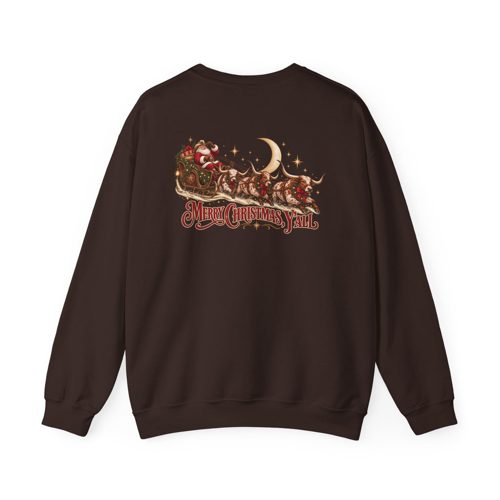 Western Christmas Sweatshirt | Santa Sleigh & Longhorns Crewneck